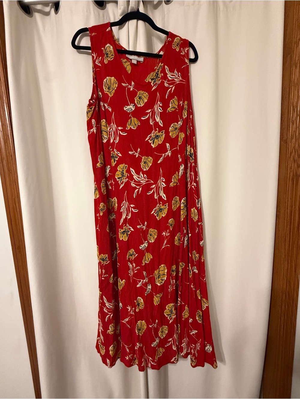 Woman Within Red Sleeveless Maxi Rippled Dress with Yellow Floral Size LP